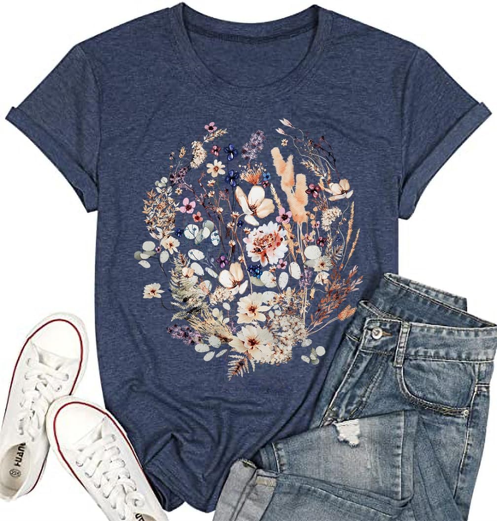 Women's Vintage Flowers Shirt Casual Boho Floral Printed T-Shirt Sunflower Wildflowers Graphic Tees Tops for Girl
